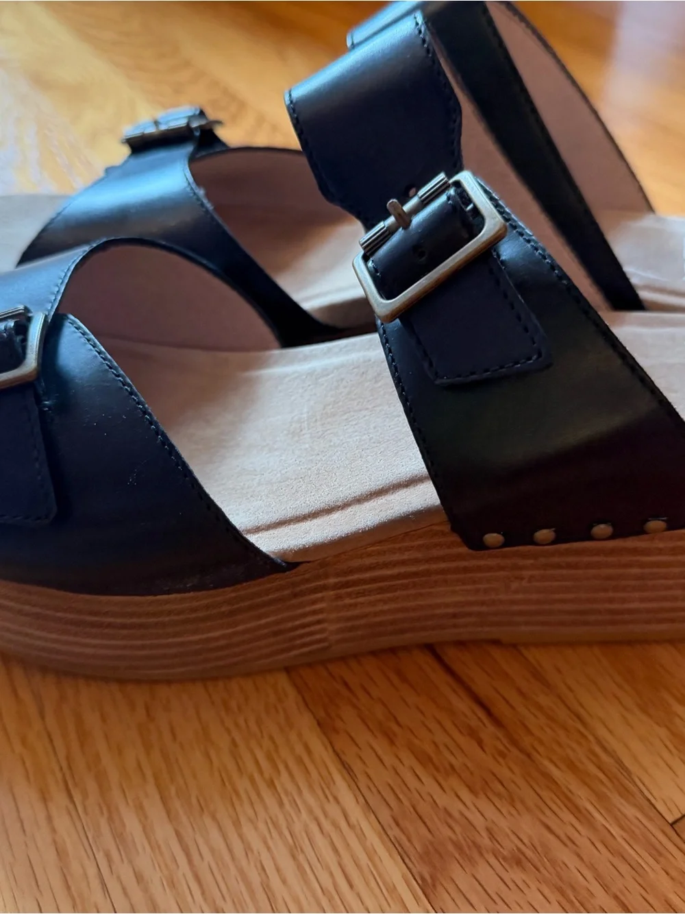 Dansko Black Double-Buckle Wedge Slide Sandals